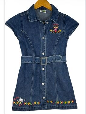 2004 Dora The Explorer & Boots Floral Print  Short Sleeve Belted Denim Dress 6